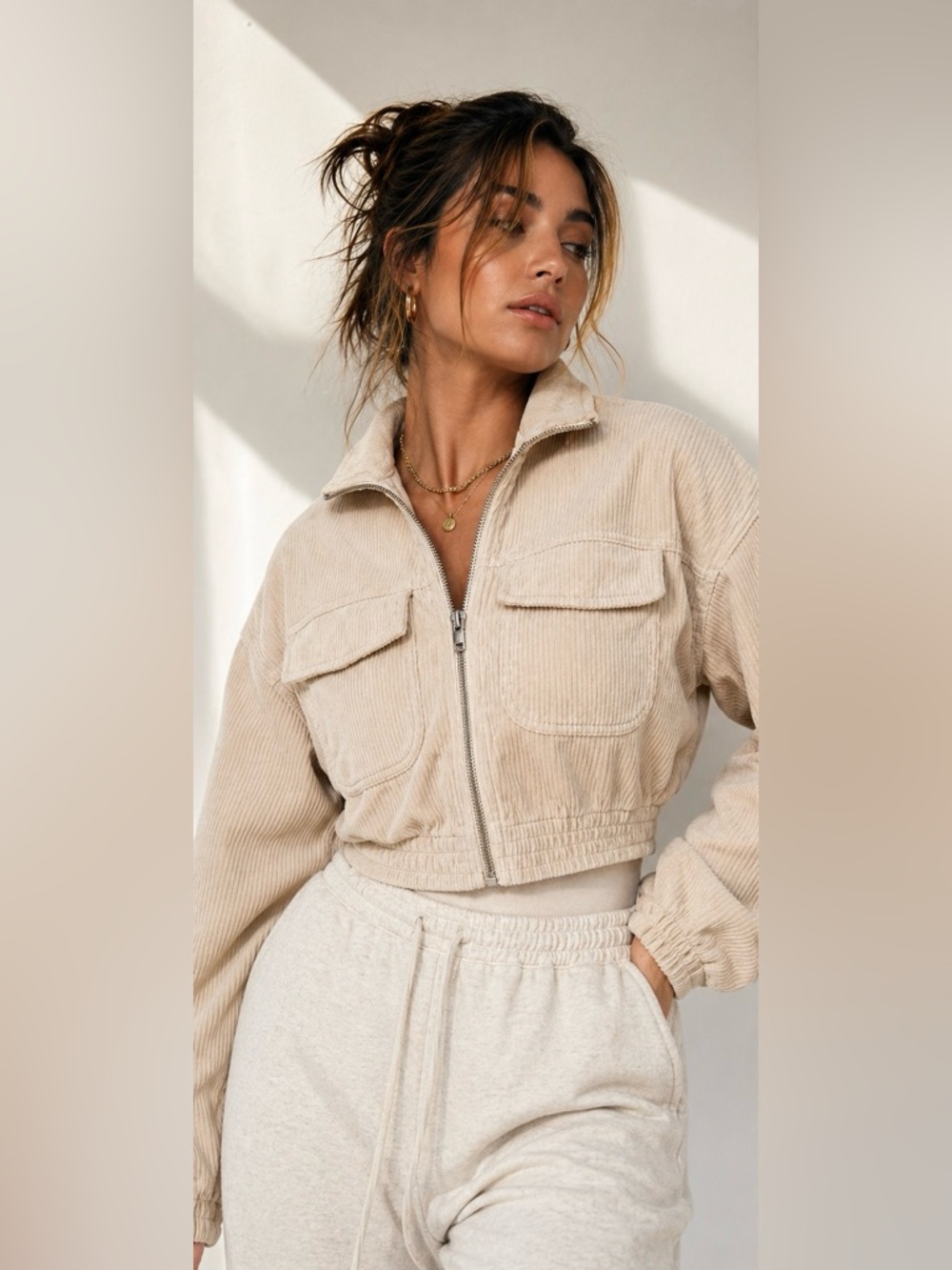 Aerie Beige Ribbed Cropped Zip-Up Jacket XS Utility Pocket Shacket